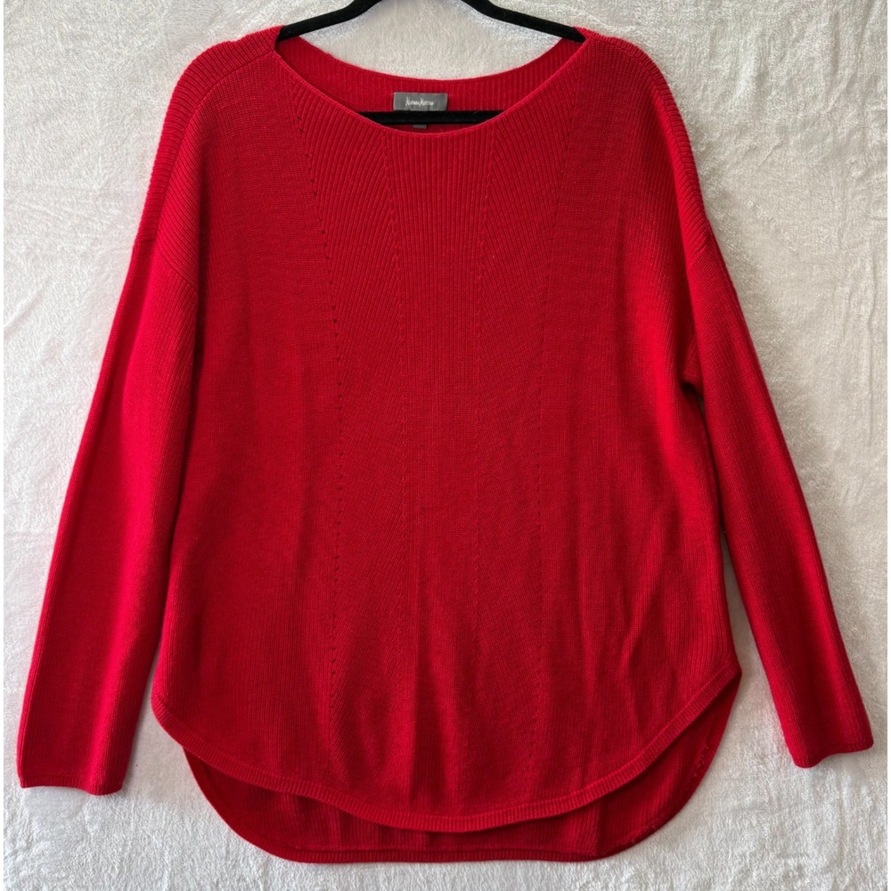 Neiman Marcus Womens L Red Knit Sweater Boat Neck Long Sleeve Hi-Low Pullover